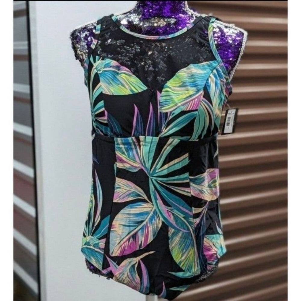 Torrid Tropical Leaf Mesh One Piece Active Swimsuit NWT Size 0x High Neck‎ Plus